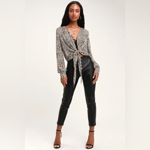 Lulu’s Vivaldi Taupe Leopard Print Sheer Tie-Front Top - Picture 1 of 11